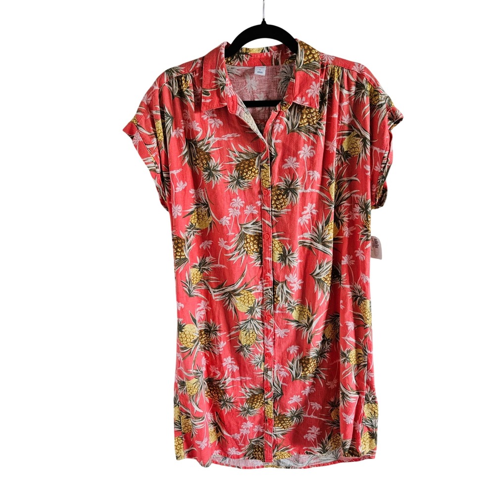 Old Navy Womens Linen Blend Pineapple Tropical Button Front Shirt Dress Pink L